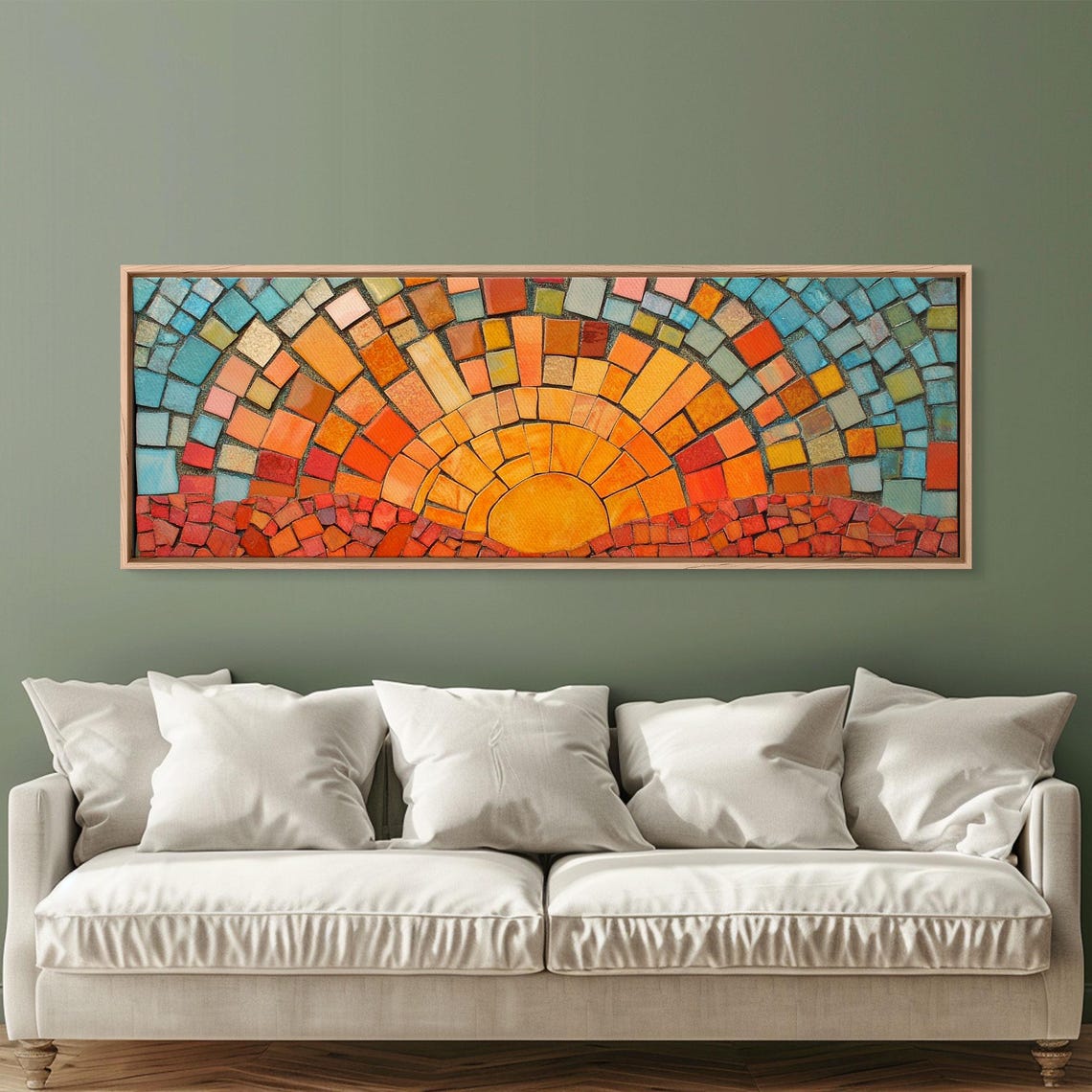 Wood Framed Mid Century Modern Wall Art Sunset Mosaic Tiles Print Horizontal Modern Wall Art Panoramic Above Bed Decor Boho Wall Art - Image 4
