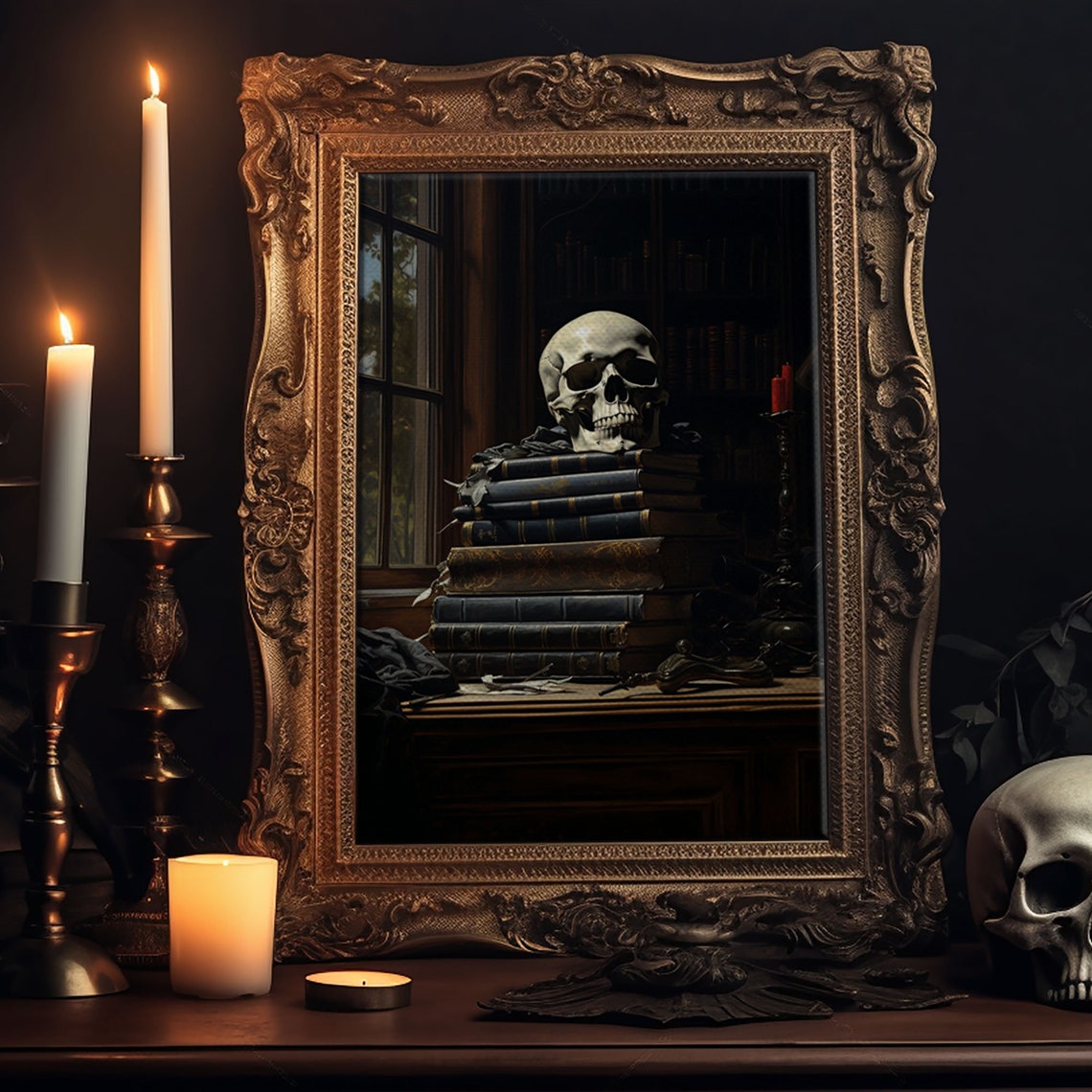 Skull On Stack Of Books Dark Academia Library Gothic Horror Art Poster - Image 5