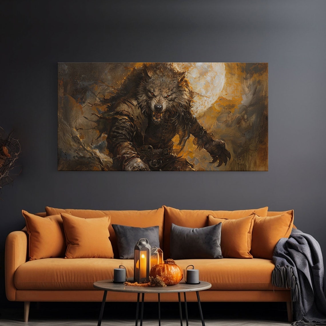 Fierce Werewolf Portrait Under Full Moon Dark Academia Oil Print - Image 3