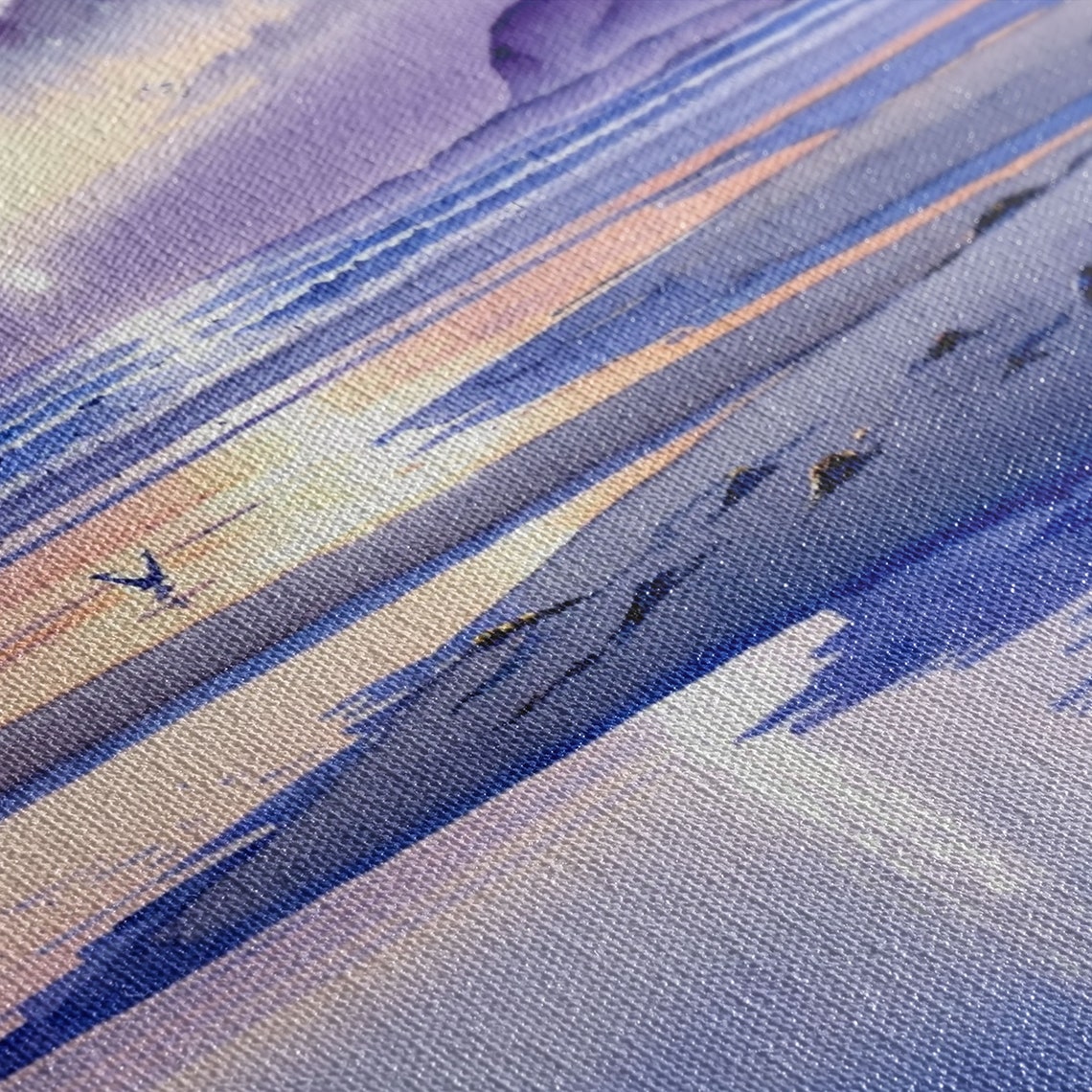 Panoramic Violet Beach Sunset Watercolor Waves Reflections Wall Poster - Image 2