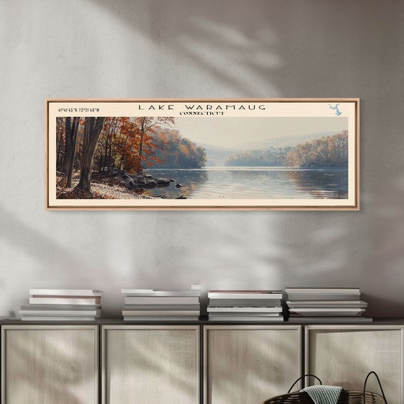 Lake Waramaug Connecticut Framed Print Lake House Decor Panoramic Wall Art Travel Poster Beautiful Landscape Painting Rustic Art