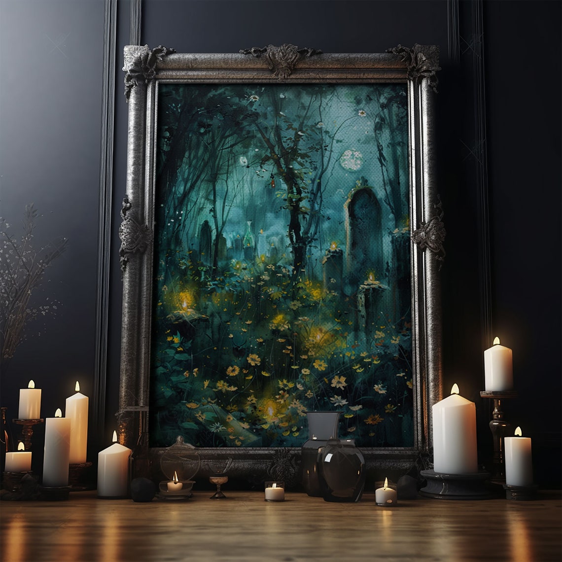 Haunted Forest Cemetery Moonlit Wildflowers Spooky Art Poster - Image 4