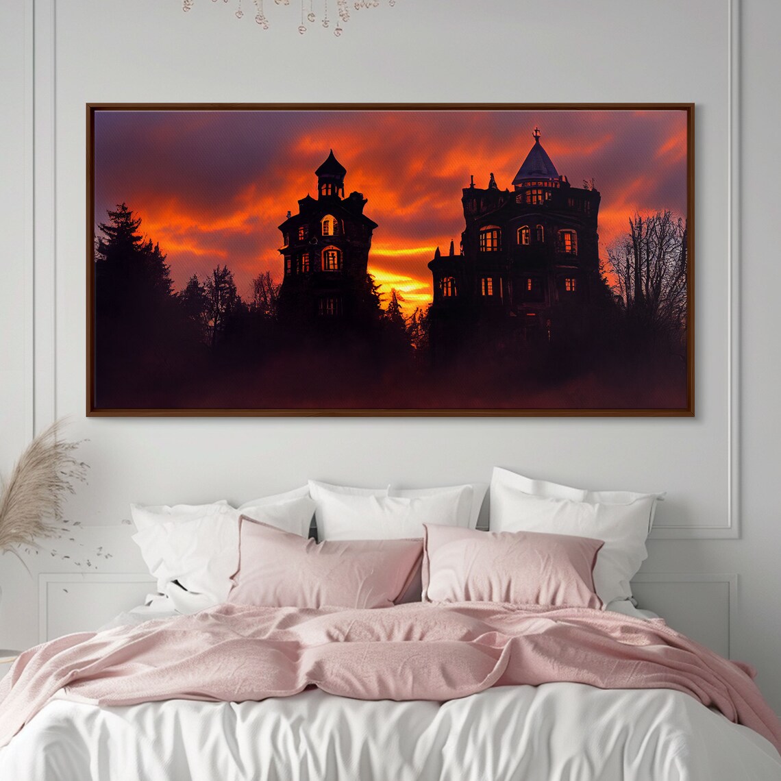 Haunted Victorian Mansion Glowing Windows Fiery Sky Halloween Wall Poster - Image 4