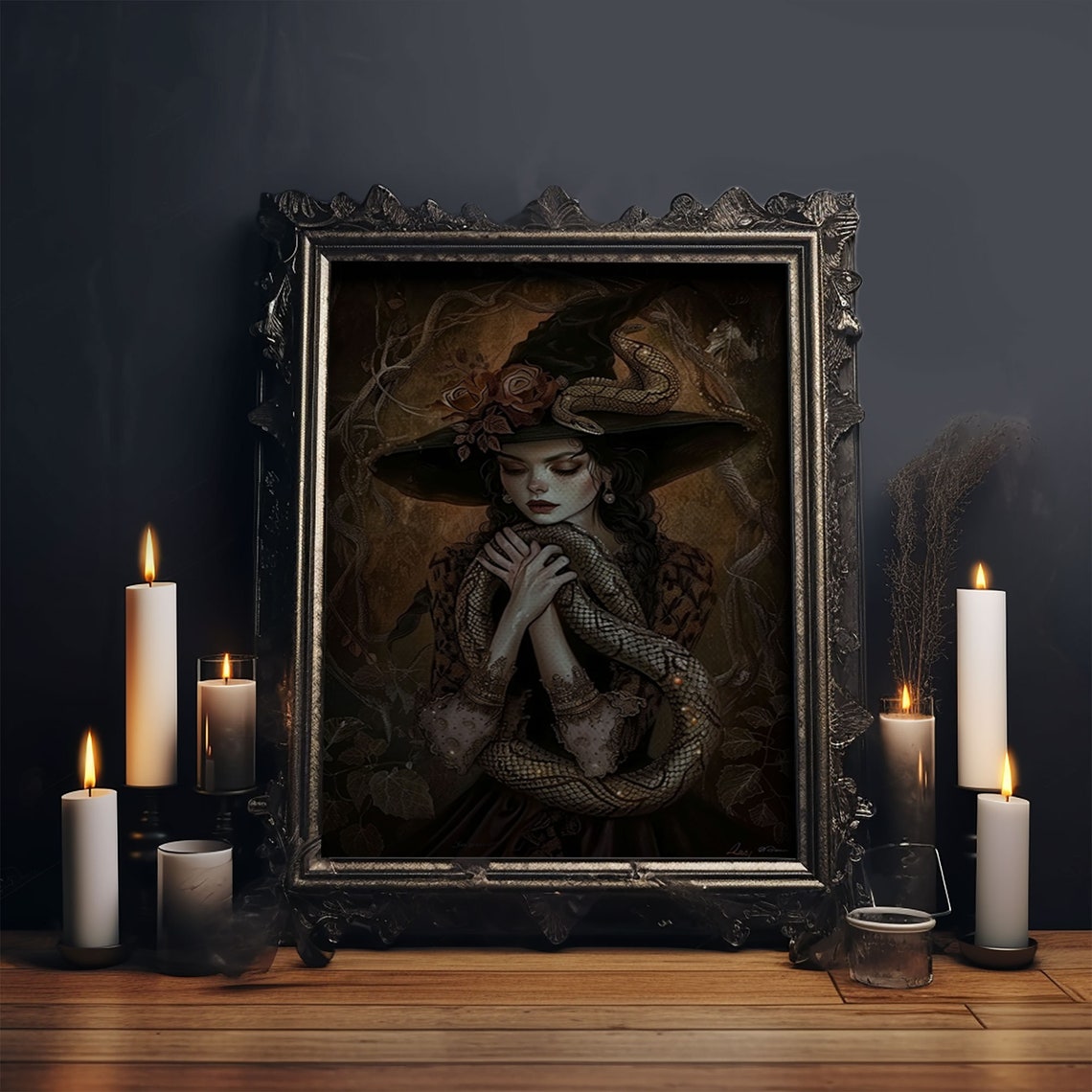 Mysterious Witch Holding Serpent Snake Coiled Dark Fantasy Poster - Image 6