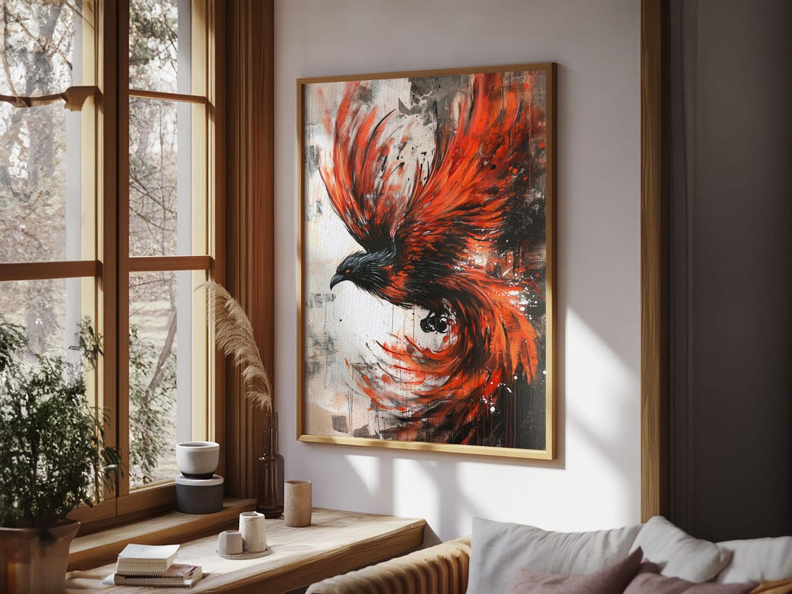 Rising Phoenix Flaming Wings Dramatic Red Black Bird Art Print - Image 5