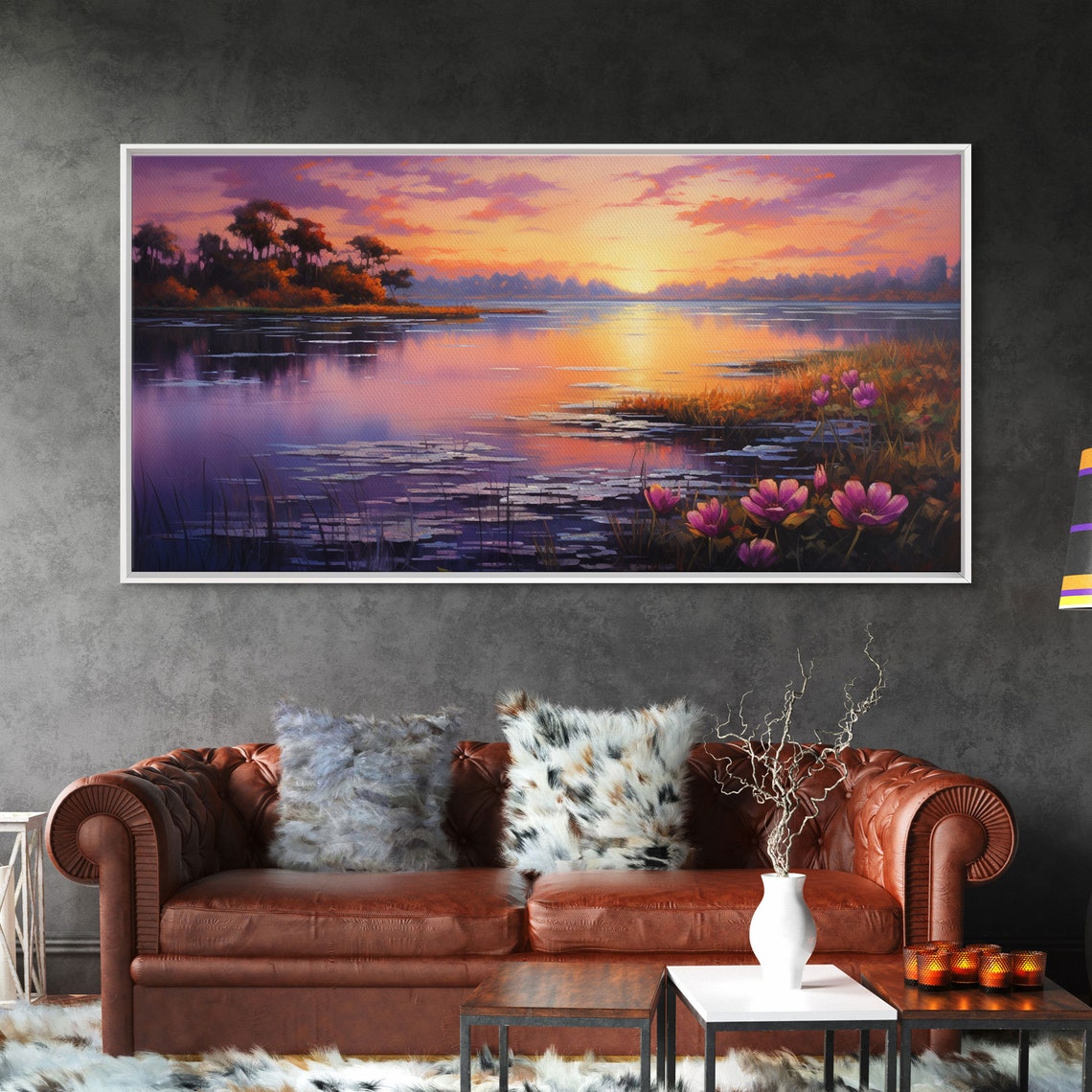 Beautiful Lake At Sunset Framed Print Landscape Oil Painting Print Lakehouse Art Lake Art Lake House Decor Nature Art