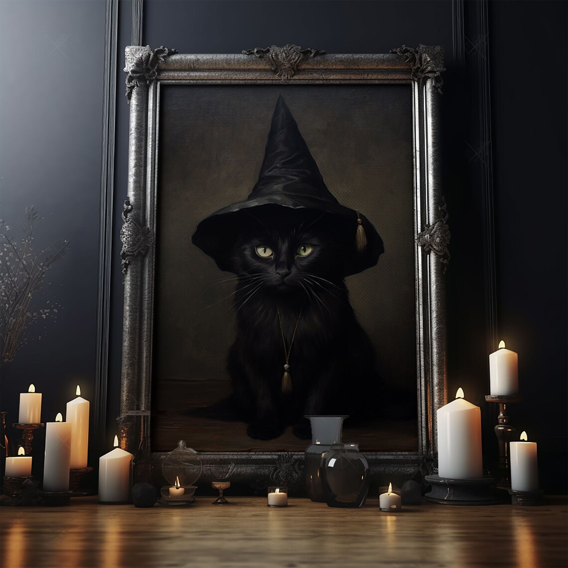 Witch's Familiar Cat Halloween Art Print, Black Cat - Image 4