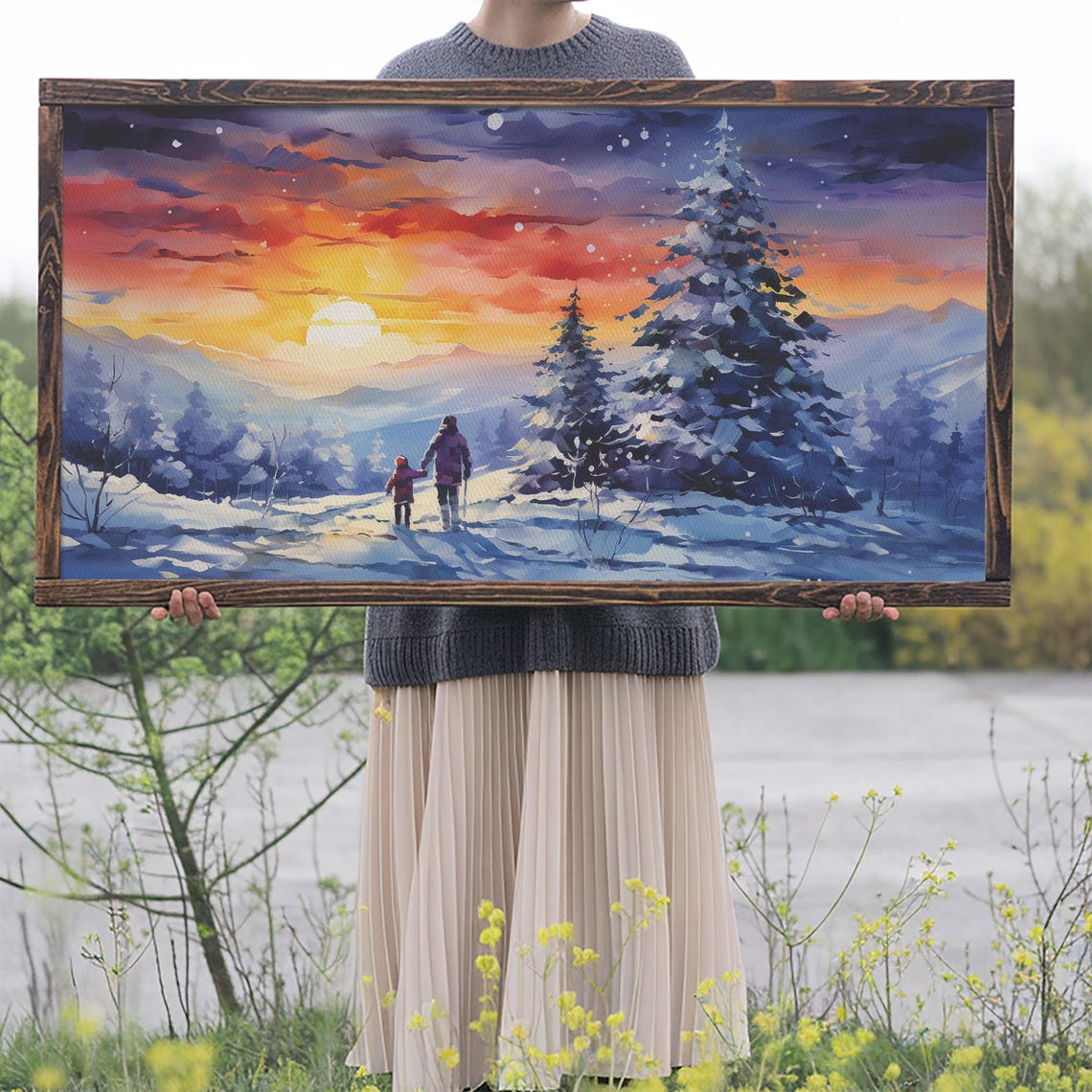 Parent And Child Hiking Through Snowy Pines At Sunset Winter Print - Image 2