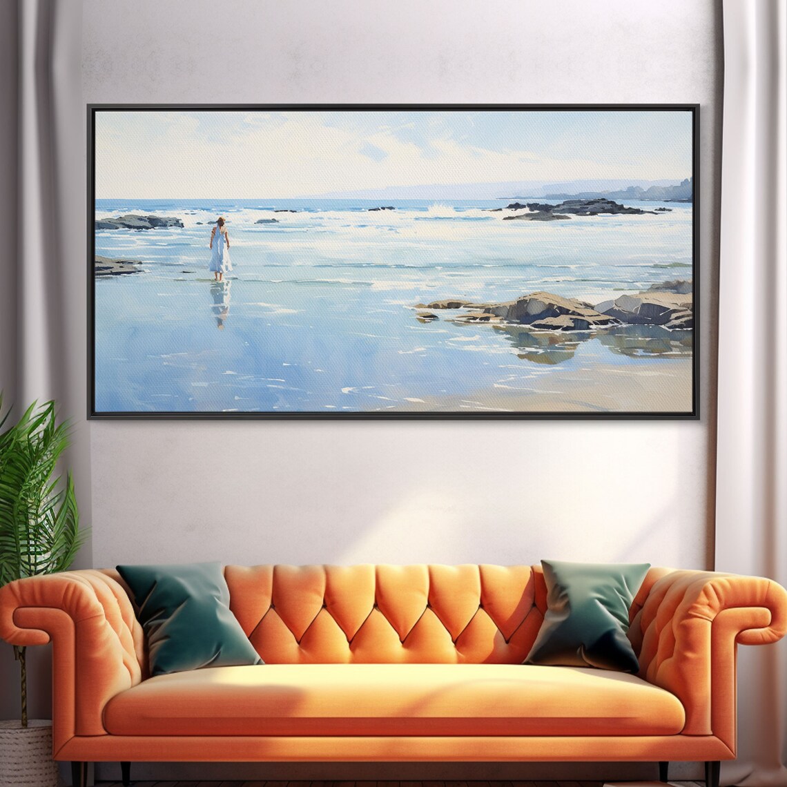 Woman In White Dress Walking On Beach Watercolor Coastal Art Poster