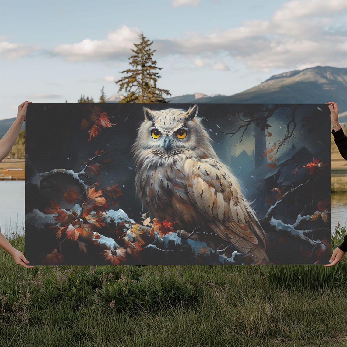 Snowy Winter Owl Portrait Autumn Leaves Falling Snow Wildlife Poster