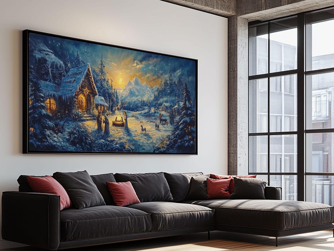 Christmas Nativity Scene Snowy Night Chapel Mountains Starry Art Print