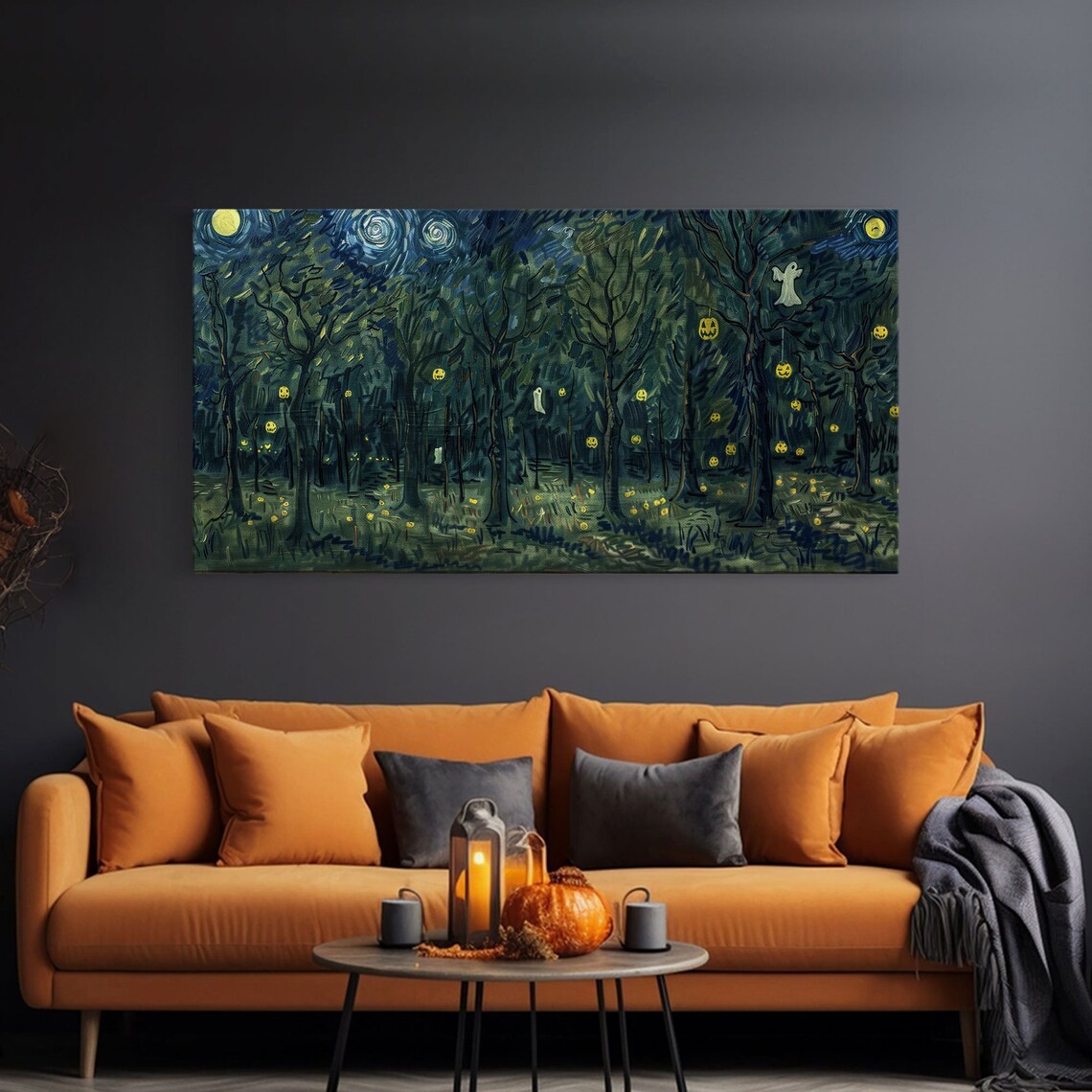 Starry Night Haunted Forest Ghosts Hanging Jack O Lanterns Spooky Poster - Image 3