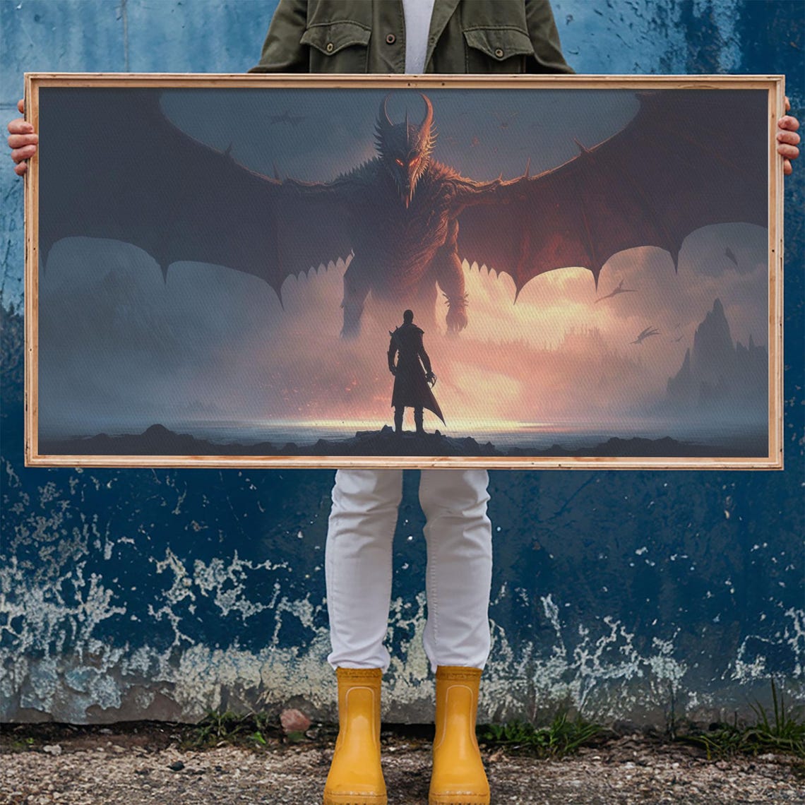 Warrior Facing Giant Dragon Misty Battlefield Epic Fantasy Wall Poster - Image 6