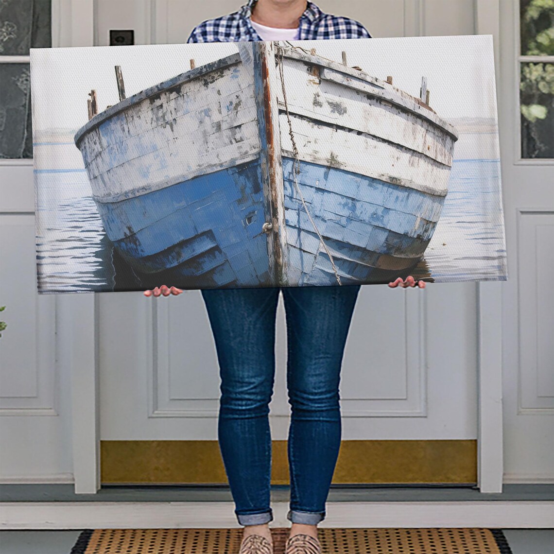 Weathered Blue Wooden Boat Bow White Hull Nautical Coastal Photo Poster - Image 4