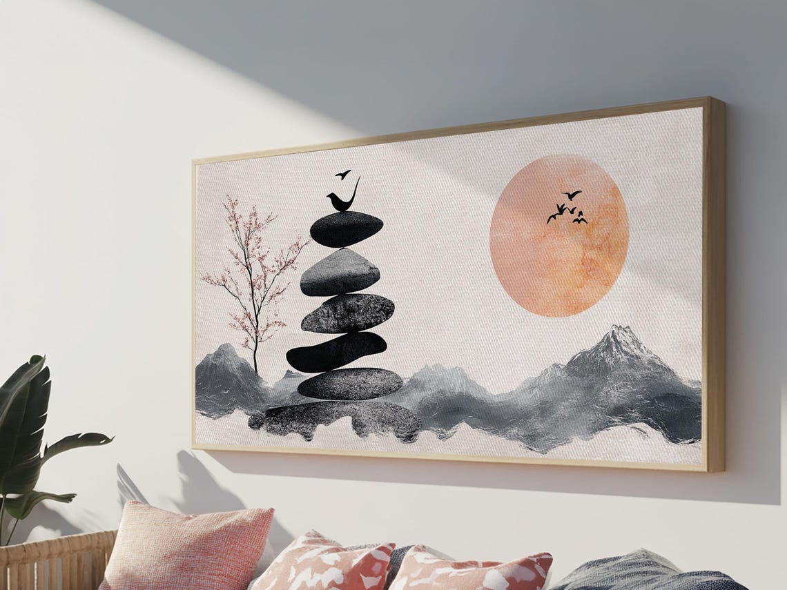 Wabi Sabi Birds On Stone Cairn Japanese Zen Ink Minimalist Poster