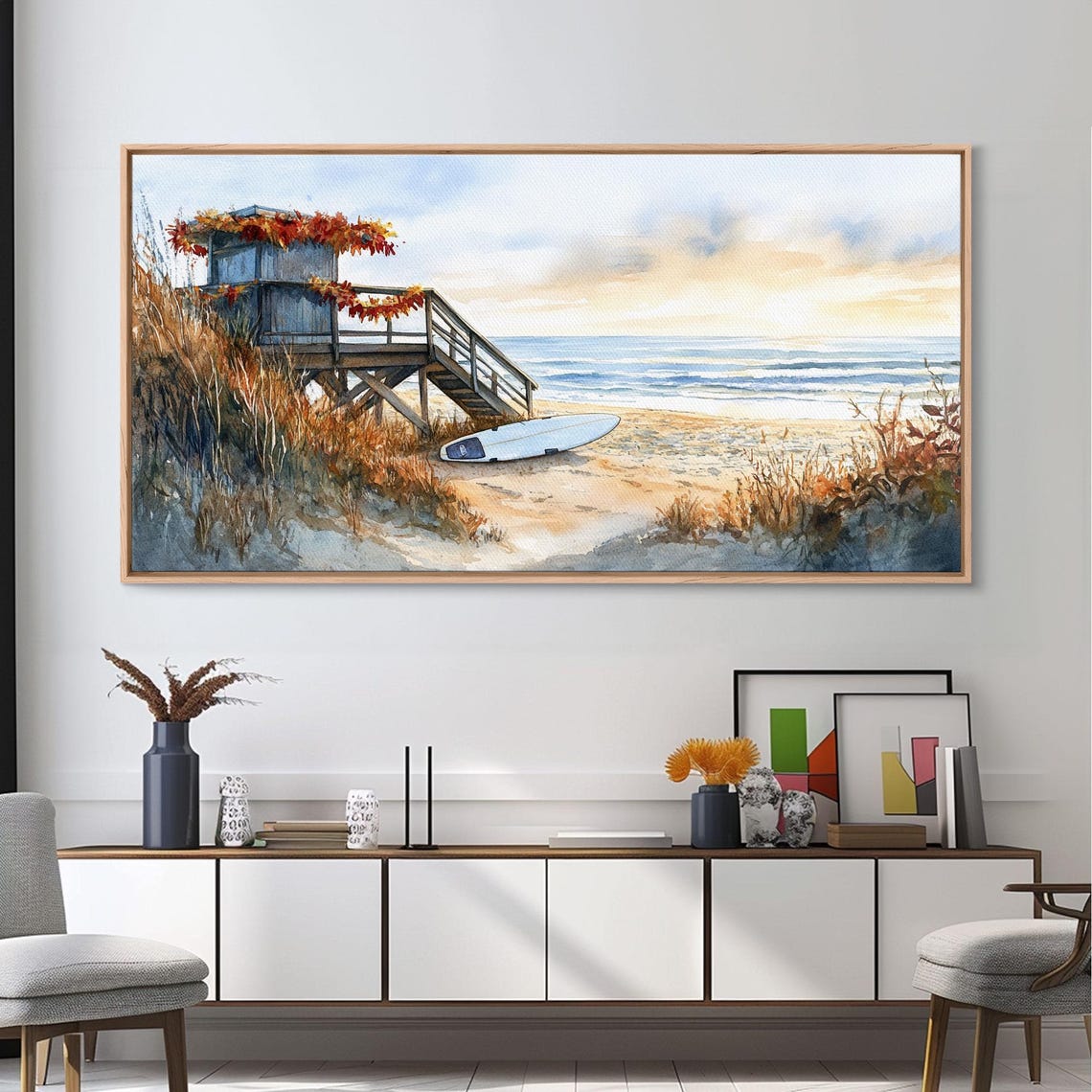 Lifeguard Tower With Fall Leaves Beach Sunset Surf Art Print - Image 3