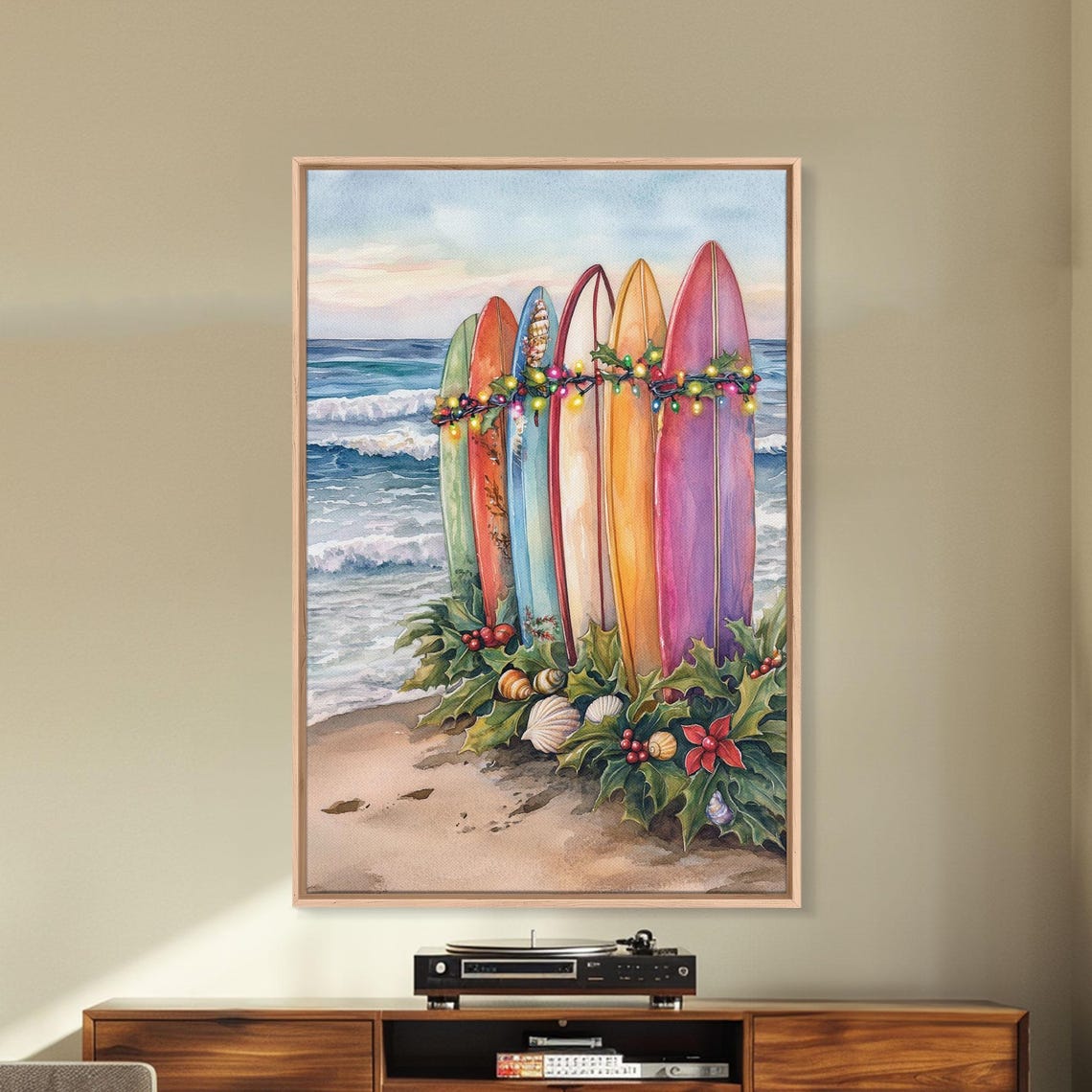 Christmas Surfboard Beach Tropical Holiday Lights Watercolor Wall Art - Image 5