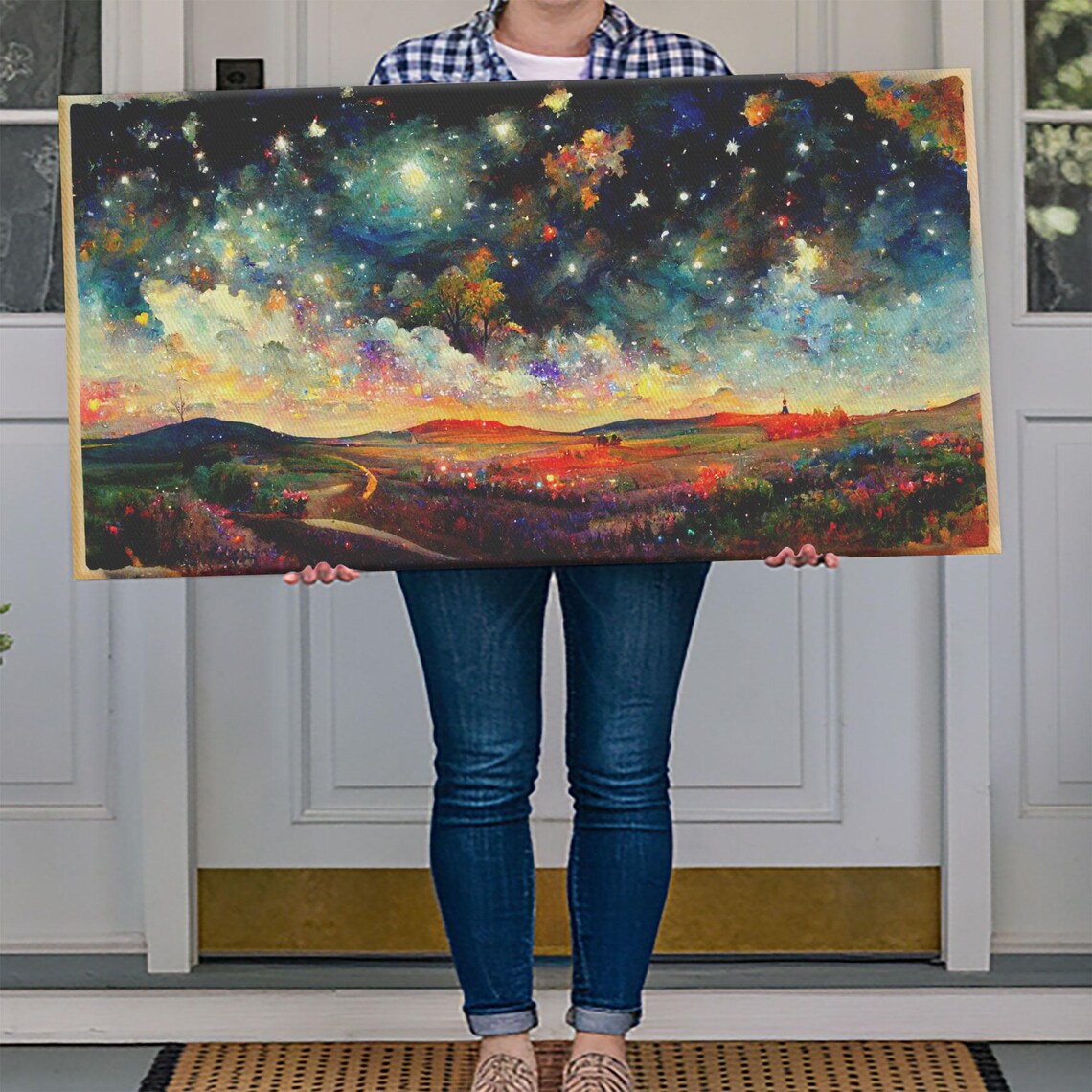 Starry Night Sky Over Winding Valley Road Vivid Fantasy Nebula Landscape Poster - Image 4