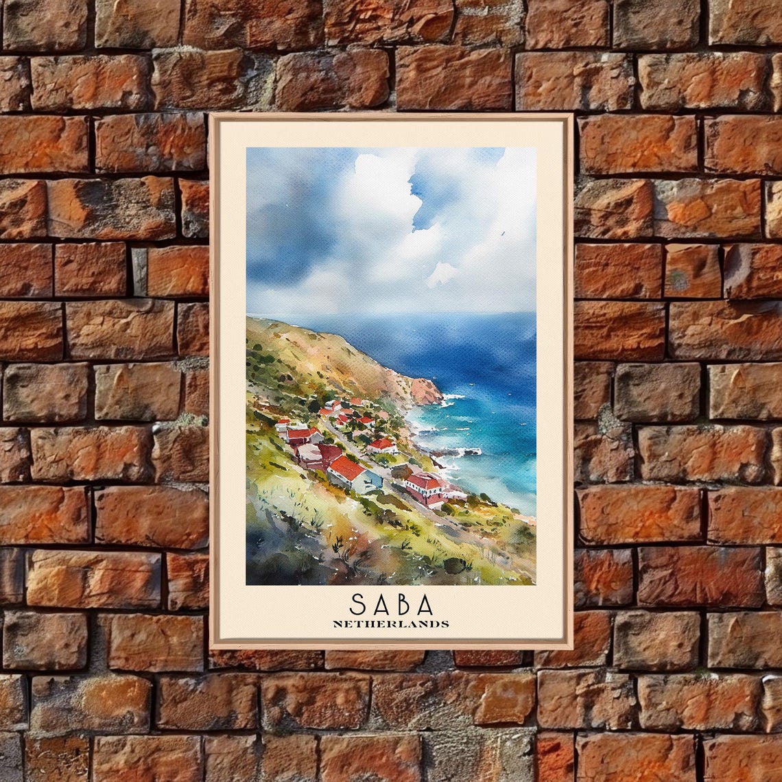 Saba Netherlands Cliffside Village Red Roof Bay Watercolor Poster - Image 5