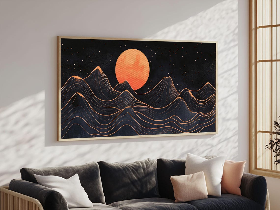 Art Deco Style Abstract Art Orange Blood Moon Over Mountain Landscape Retro Home Decor - Image 2