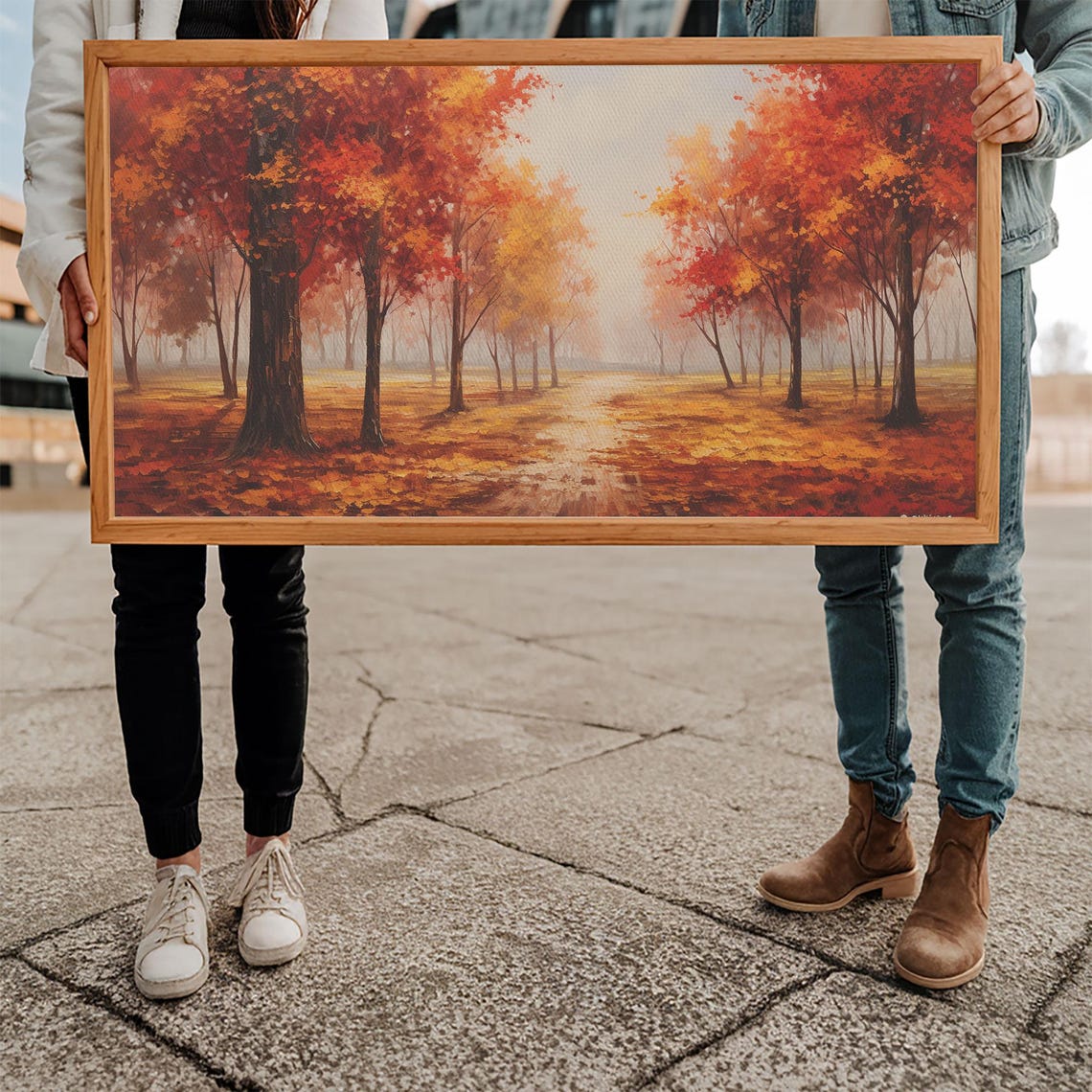 Autumn Forest Path Red Maple Trees Falling Leaves Fall Wall Art Poster