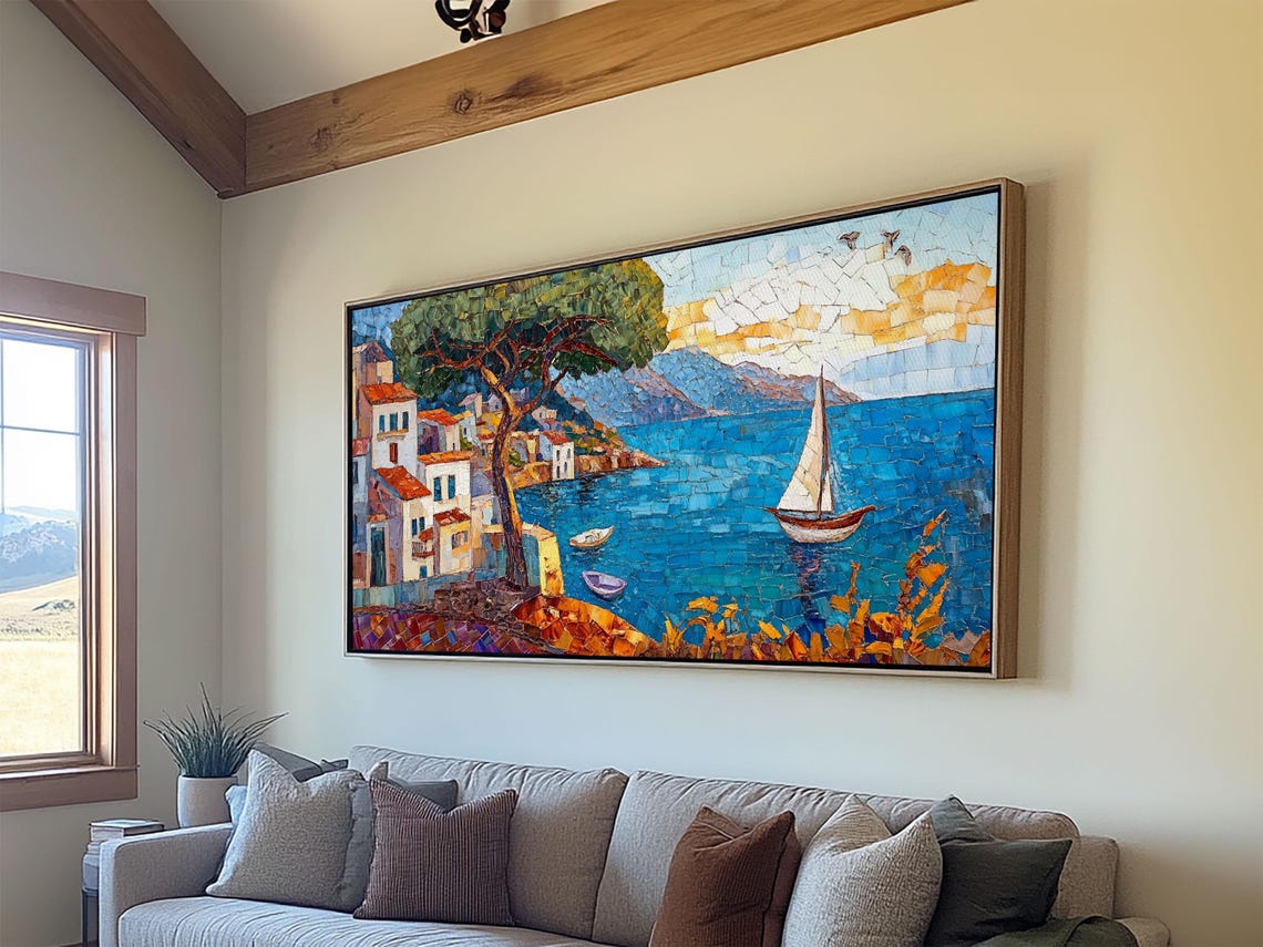 Mediterranean Coastal Village Mosaic Sailboat Blue Sea Travel Poster - Image 6