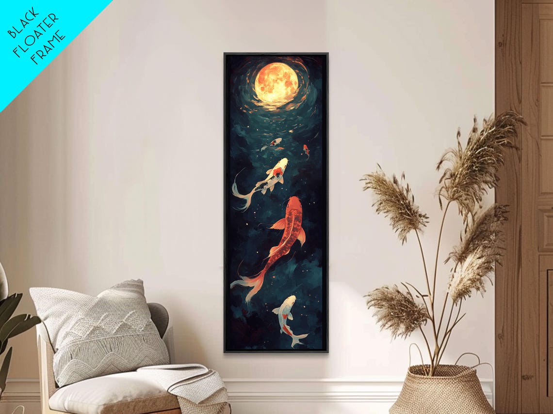 Koi Fish Swimming Under Full Moon Night Pond Japanese Wall Art - Image 5