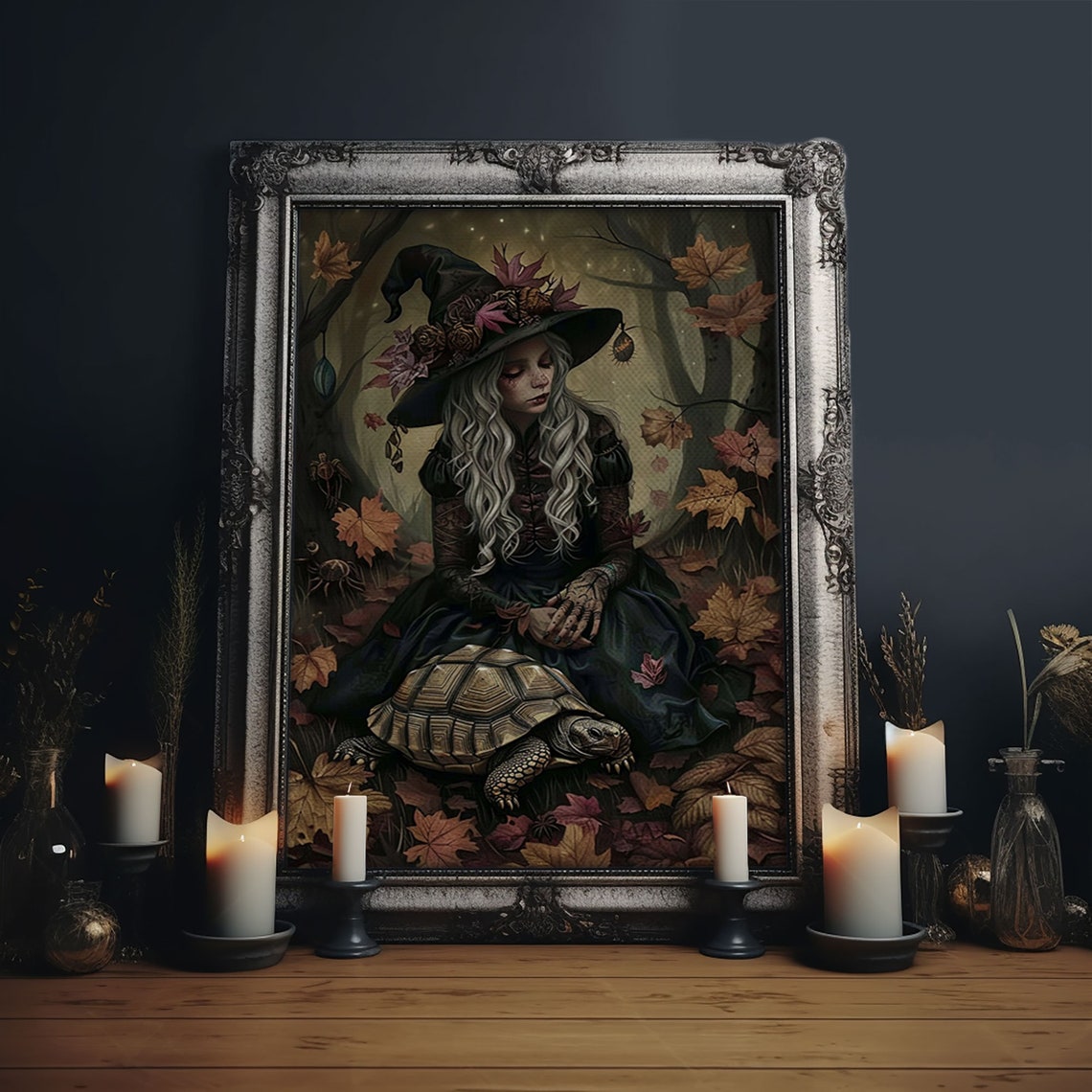 Mystical Witch With Tortoise In Autumn Leaves Enchanted Art Poster