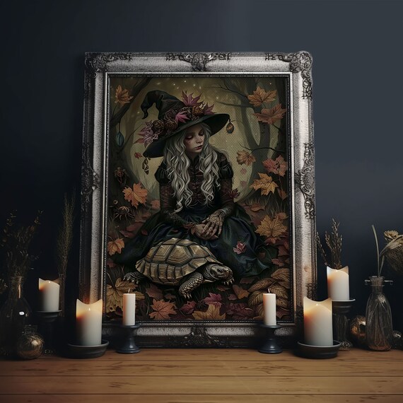 Mystical Witch With Tortoise In Autumn Leaves Enchanted Art Poster
