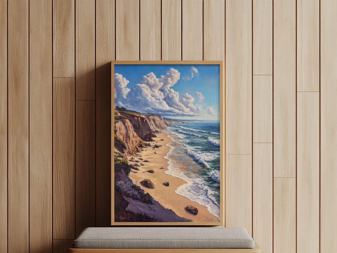 Sunny Beach Cliffs Turquoise Ocean Waves Coastal Seascape Art Poster - Image 2