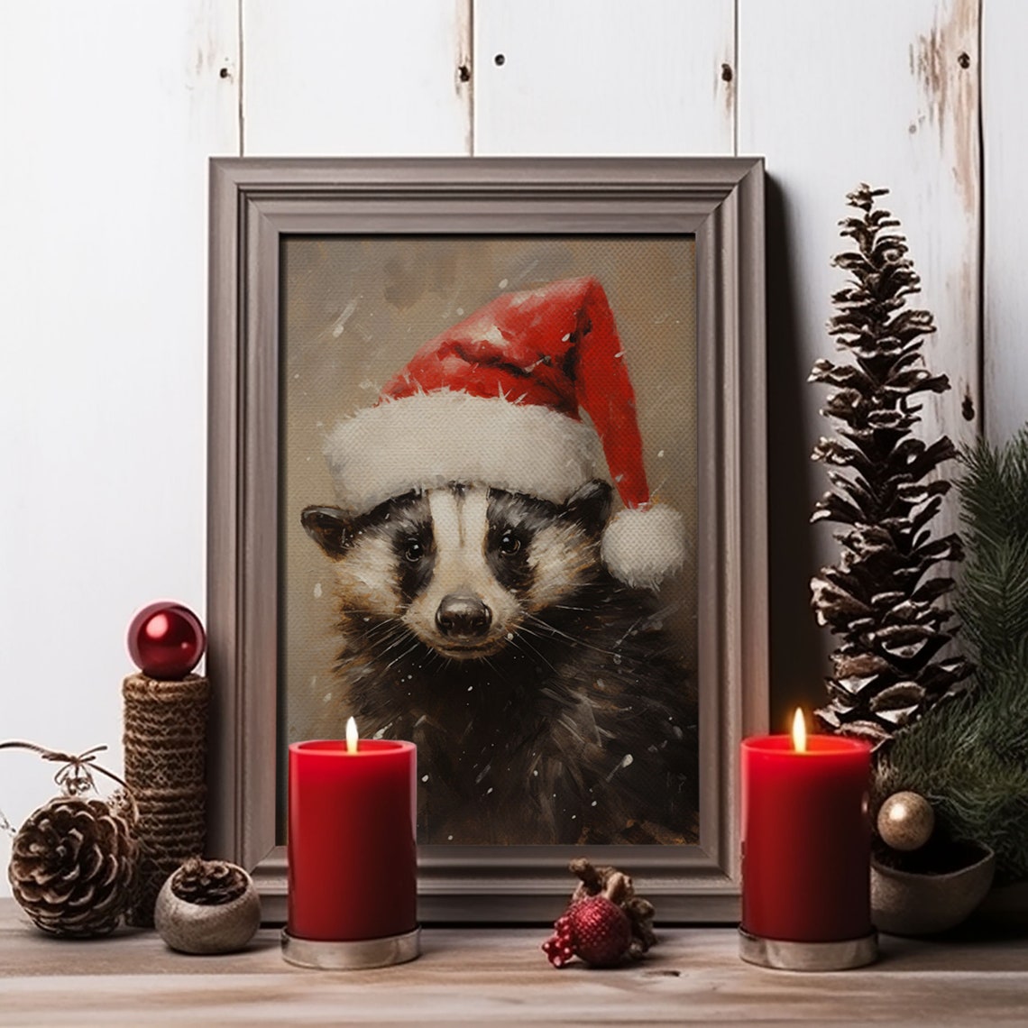 Cute Badger Wearing Red Santa Hat Snowy Christmas Animal Poster - Image 3