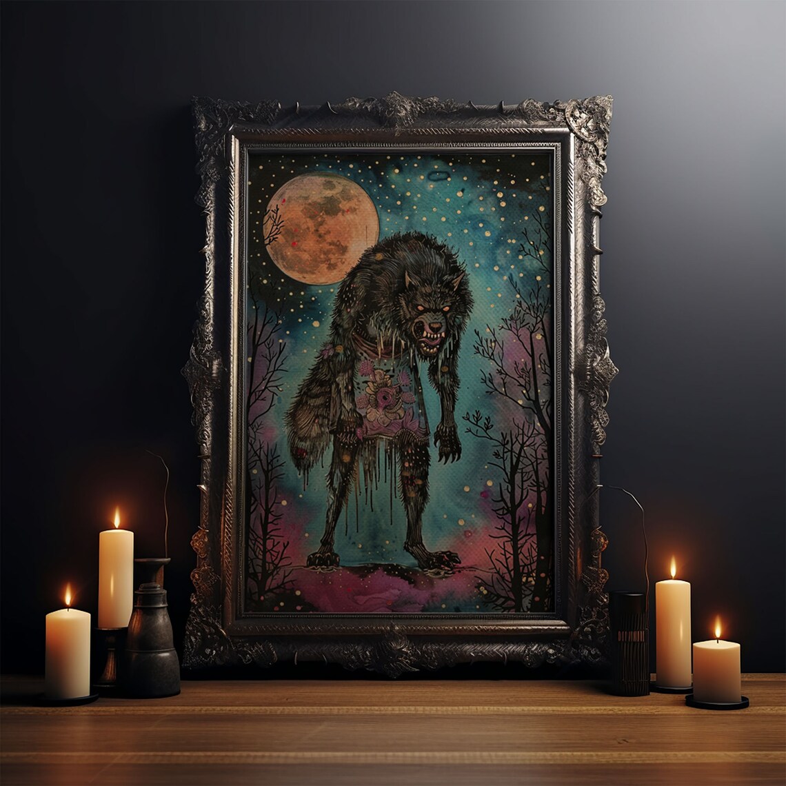 Halloween Werewolf Full Moon Art Print, Spooky Decor - Image 3