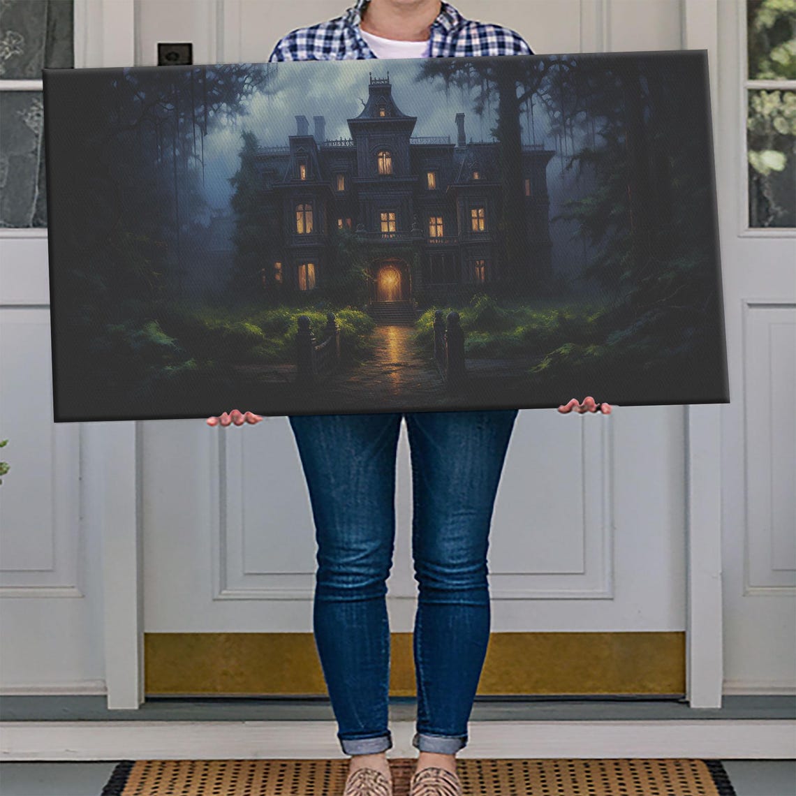 Haunted Victorian Mansion Night Glowing Windows Spooky House Poster - Image 4