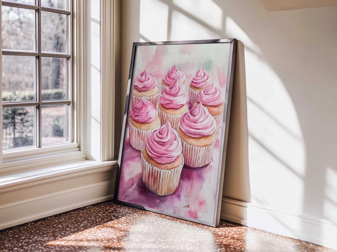Pink Frosted Cupcakes Watercolor Art Print Dessert Kitchen Wall Poster - Image 4