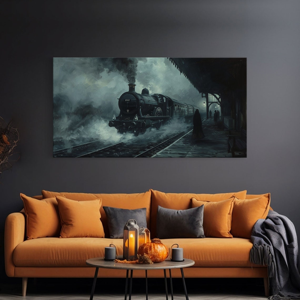 Haunted Steam Train Arriving At Dark Station Spooky Halloween Print - Image 3