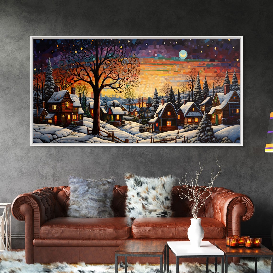 Snowy Christmas Village Night Colorful Starry Sky Panoramic Poster