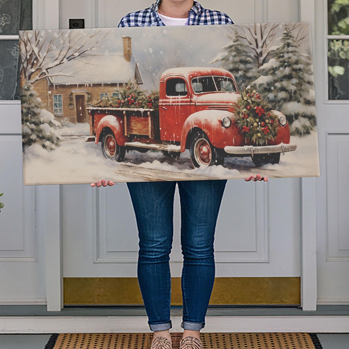 Vintage Red Truck With Wreath Hauling Tree In Snow Farmhouse Poster - Image 4