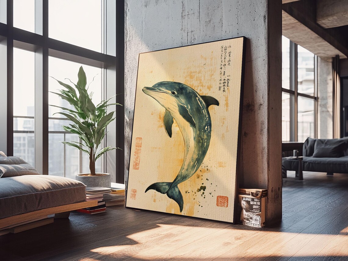 Japanese Style Dolphin Print Nautical Decor Framed Print Dolphin Painting Dolphin Art Gift For Him Office Art - Image 3