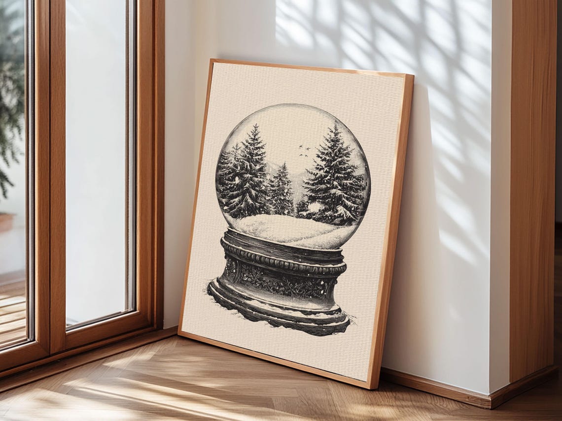 Vintage Snow Globe With Pine Trees Black Sketch Christmas Art Poster - Image 4