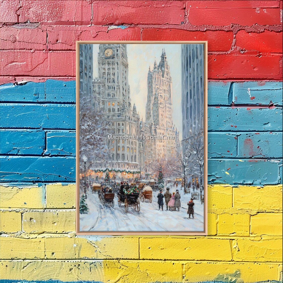 Historic City Street Snowy Horse Carriages At Christmas Night Poster - Image 5