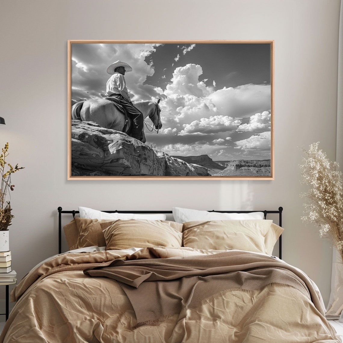 Cowboy On Horseback Rocky Cliff Dramatic Sky Black White Poster
