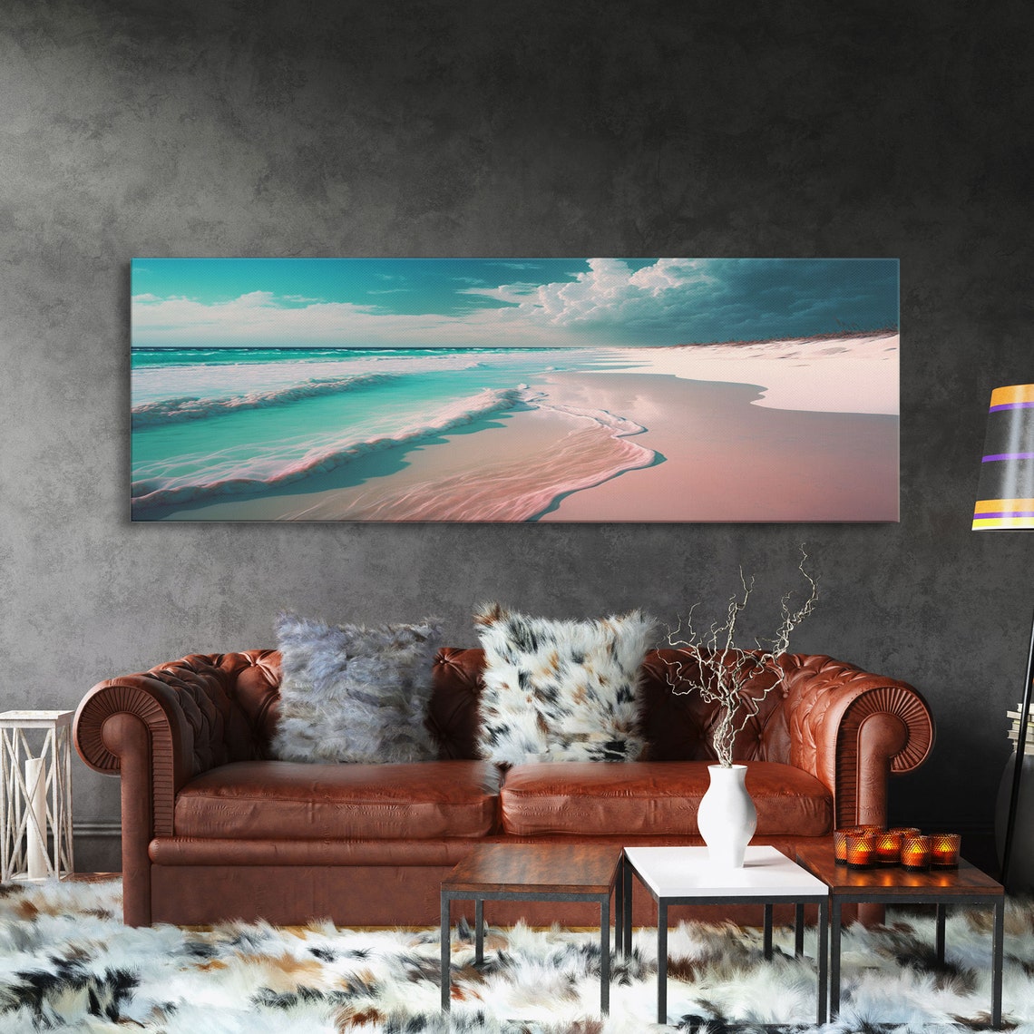 Panoramic Turquoise Ocean Waves Pink Sand Beach Cloudy Sky Wall Poster - Image 3