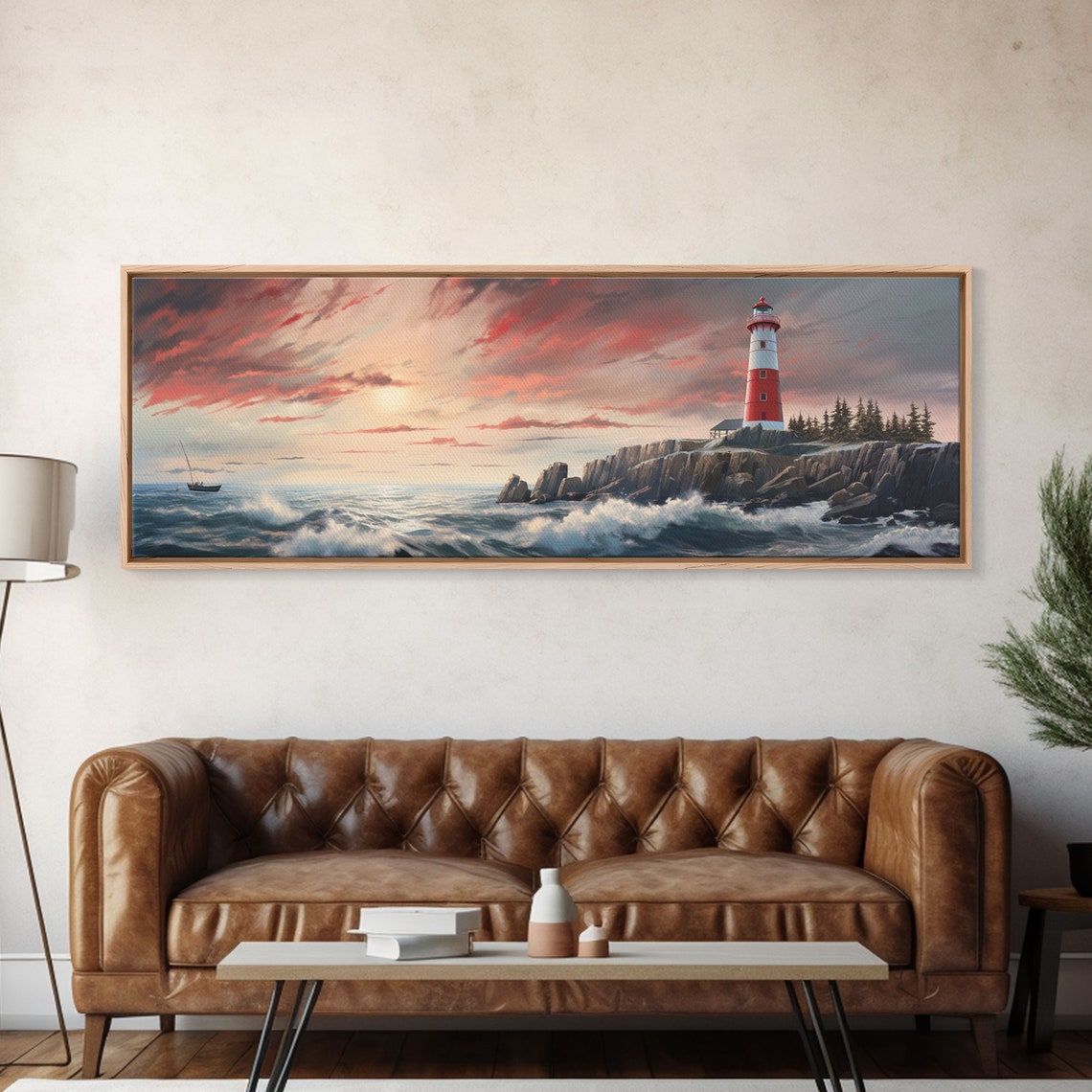 Red White Lighthouse Rocky Cliff Sunset Waves Ocean View Poster