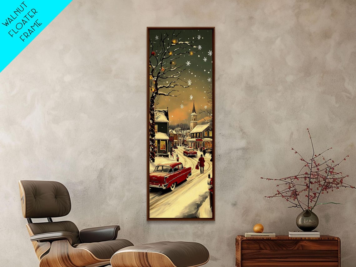 Snowy Village At Night With Classic Red Car And Church Steeple Poster - Image 5
