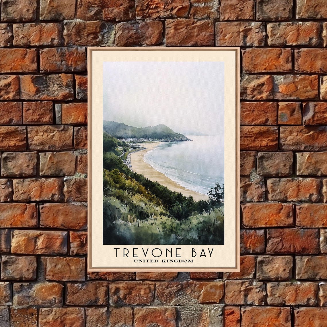 Trevone Bay United Kingdom Misty Sandy Bay Green Cliffs Coastal Poster - Image 5