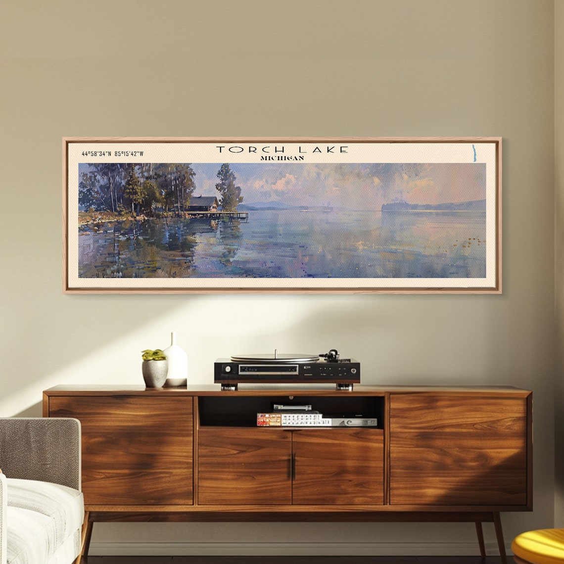Torch Lake Michigan Boathouse Dock Pastel Morning Water Travel Poster