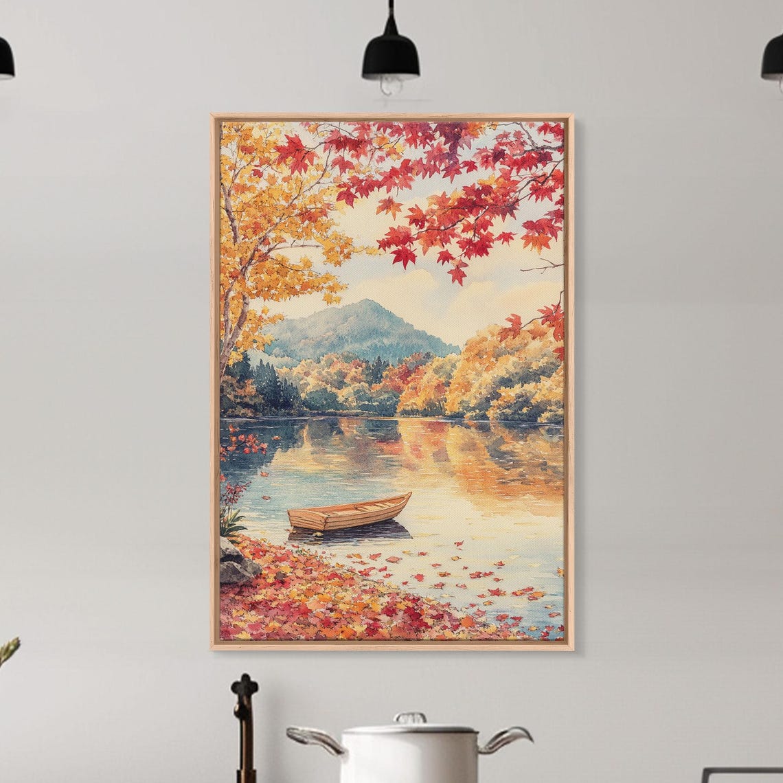 Autumn Canoe On Serene Fall Lake Maple Leaves Mountain Poster