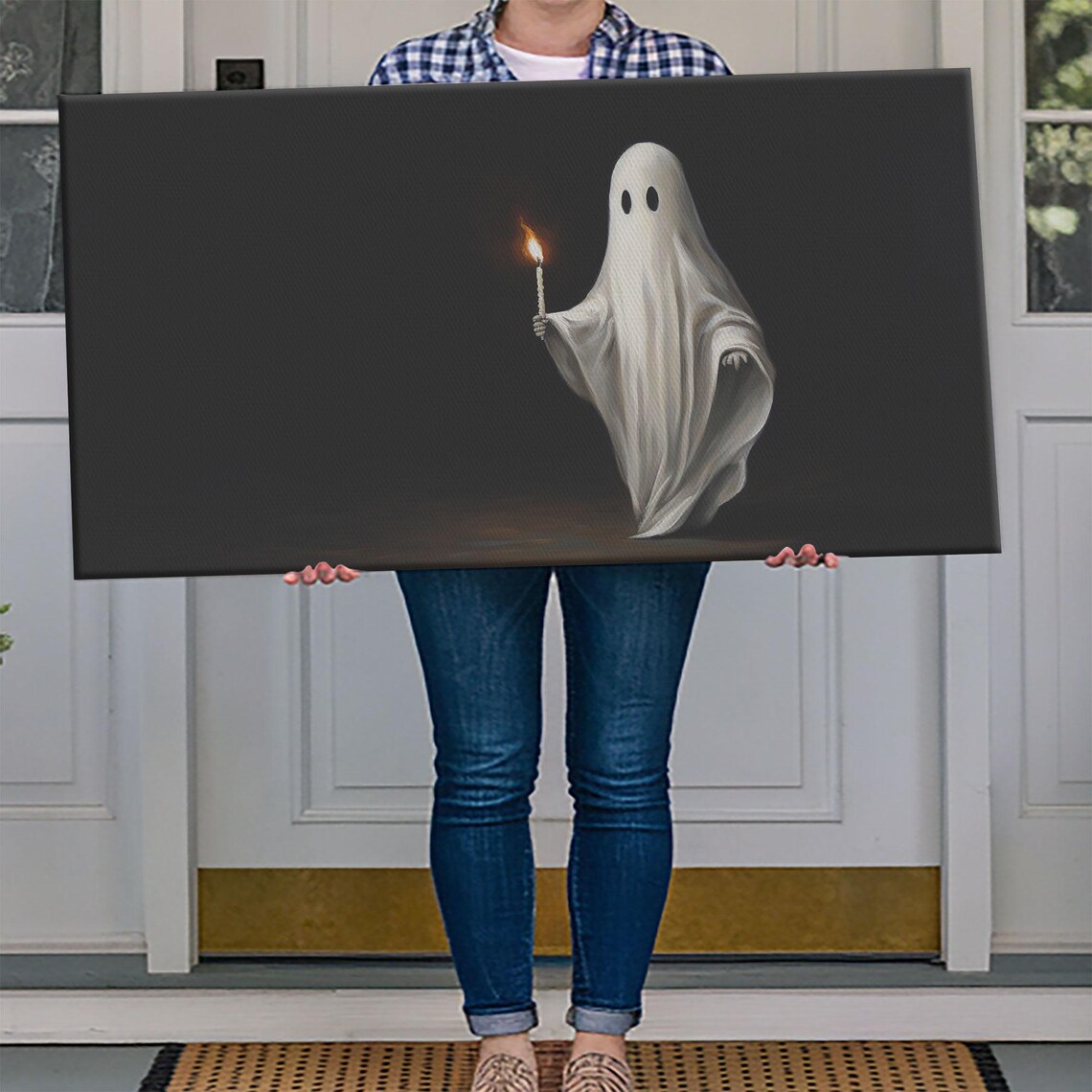 Cute Ghost Holding Candle Dark Background Oil Painting Halloween Poster - Image 4