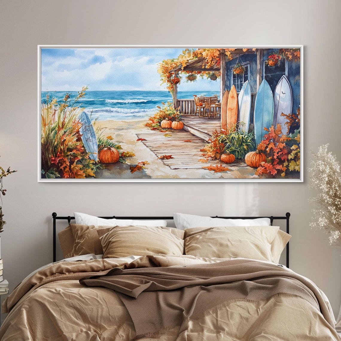 Beach House Porch Pumpkins Surfboards Boardwalk Ocean View Art Print - Image 3