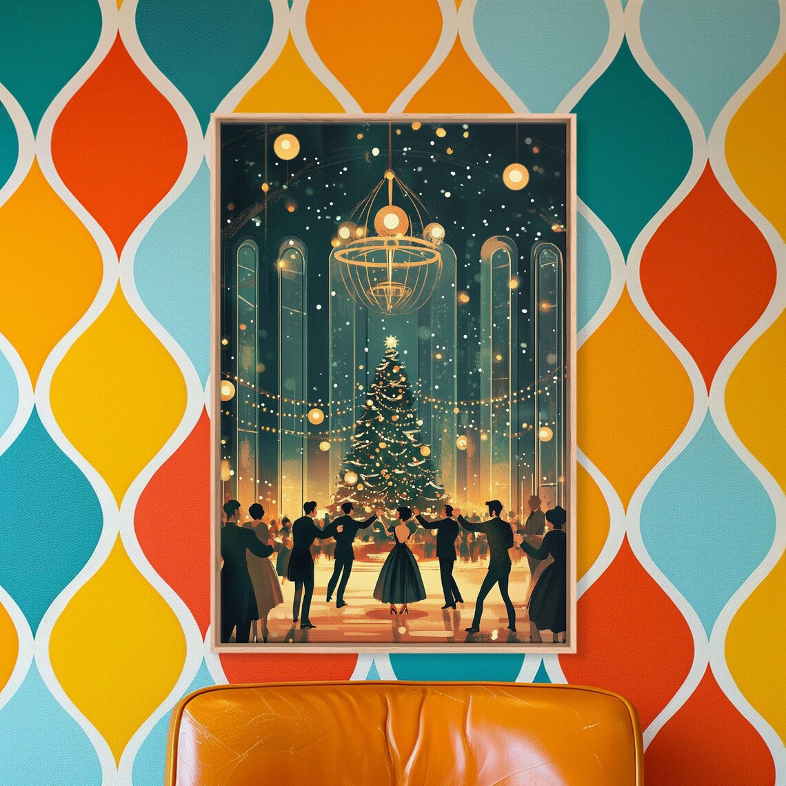 Elegant Ballroom Christmas Dance Scene, Holiday Art Print